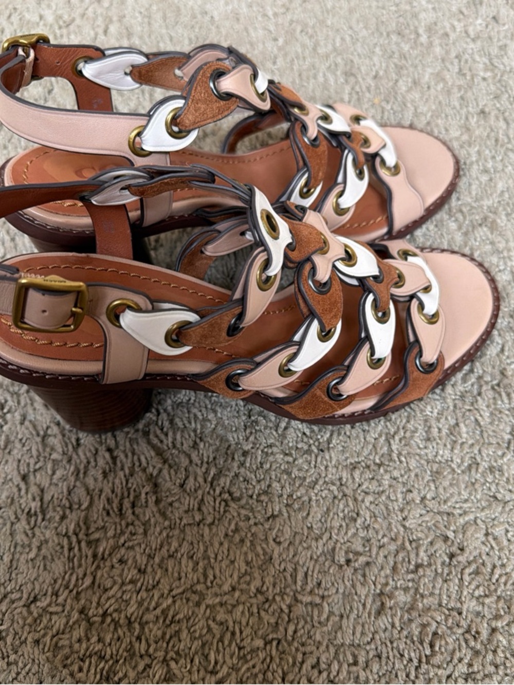 Coach Pink and Brown Leather Floral-Link Slingback Sandals - Picture 3 of 7